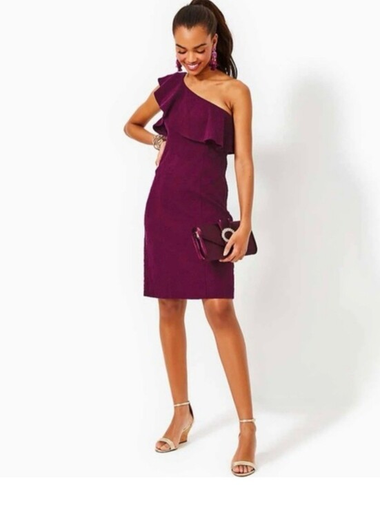 Lilly Pulitzer Dresses & Skirts - Lilly Pulitzer One-Shoulder Ruffle Dress in Amarena Cherry Knit Pucker Jacquard